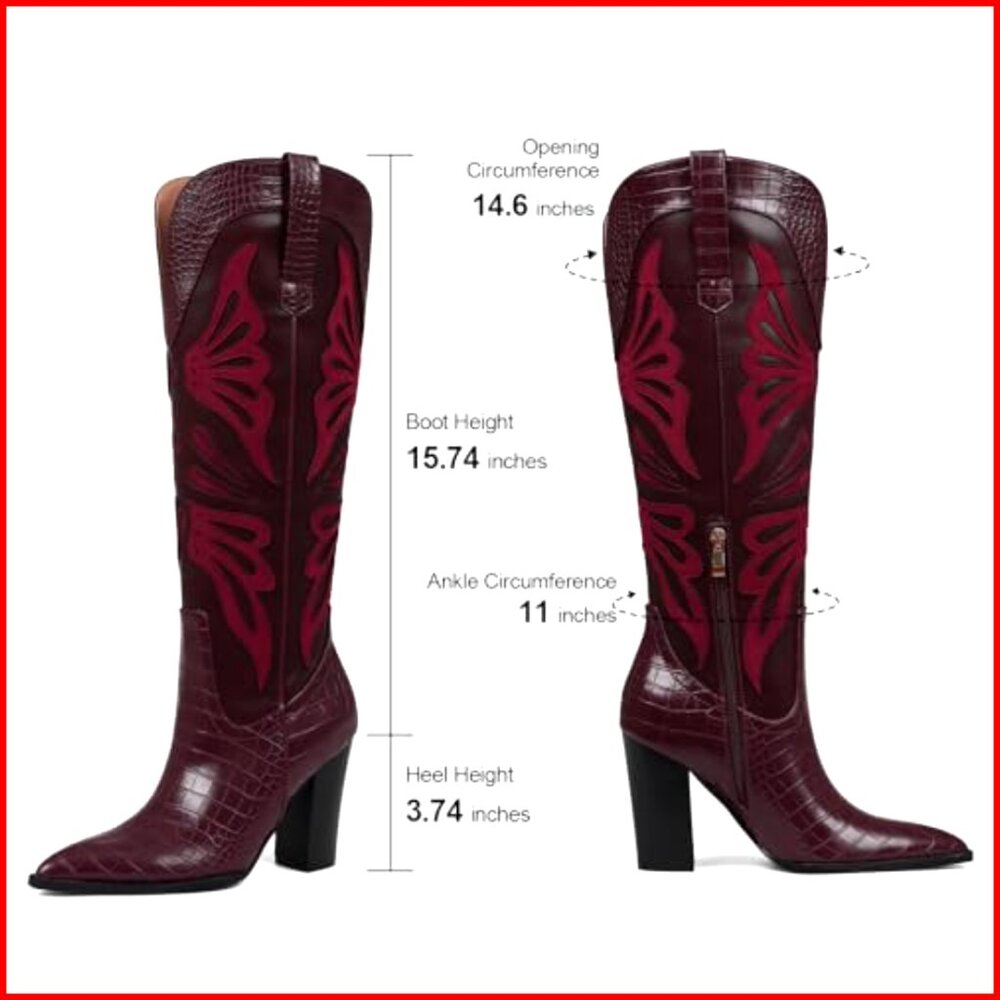 Pointed Toe Knee High Western Boots Chunky Heel Wide Calf Zipper - Picture 6 of 7